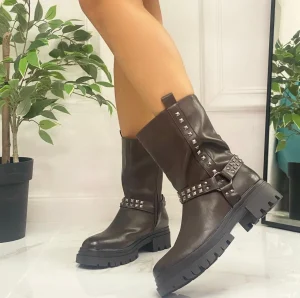 Primi Tacchi Tess - Stivaletto Anfibio Donna Scarpa Basso Casual Borchie Marrone Outlet