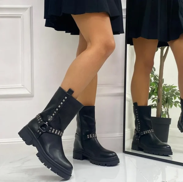 Primi Tacchi Tess - Stivaletto Anfibio Donna Scarpa Basso Casual Borchie Nero Clearance