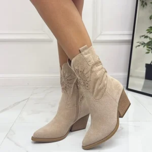 Primi Tacchi Texas - Stivale Donna Texano Basso Tacco Punta Beige Fashion