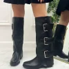 Primi Tacchi Urla - Stivale Donna Anfibio Alto Donna Fibbie Nero Clearance