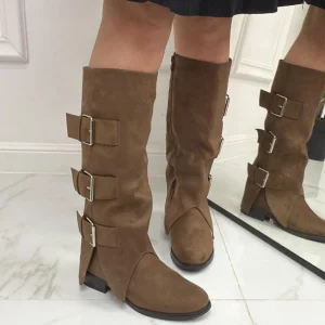 Primi Tacchi Urla - Stivale Donna Anfibio Alto Donna Fibbie Khaki Outlet