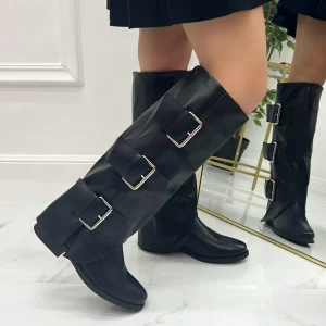 Primi Tacchi Urla - Stivale Donna Anfibio Alto Donna Fibbie Nero Clearance