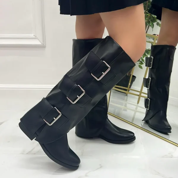 Primi Tacchi Urla - Stivale Donna Anfibio Alto Donna Fibbie Nero Clearance