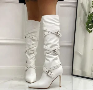 Primi Tacchi Vittoria - Stivale Donna Scarpa Punta Tacco Spillo Fibbie Bianco Outlet