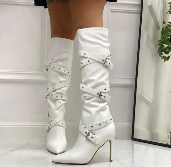 Primi Tacchi Vittoria - Stivale Donna Scarpa Punta Tacco Spillo Fibbie Bianco Outlet