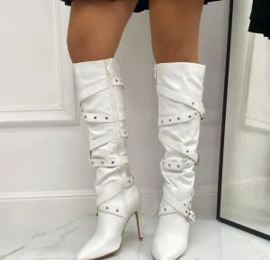 Primi Tacchi Vittoria - Stivale Donna Scarpa Punta Tacco Spillo Fibbie Bianco Outlet