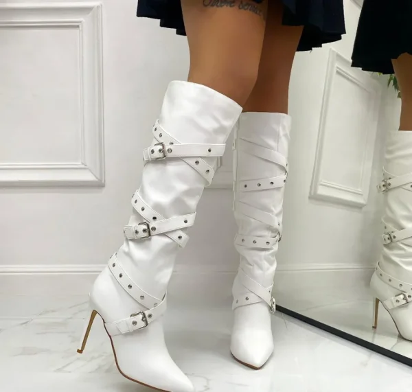 Primi Tacchi Vittoria - Stivale Donna Scarpa Punta Tacco Spillo Fibbie Bianco Outlet