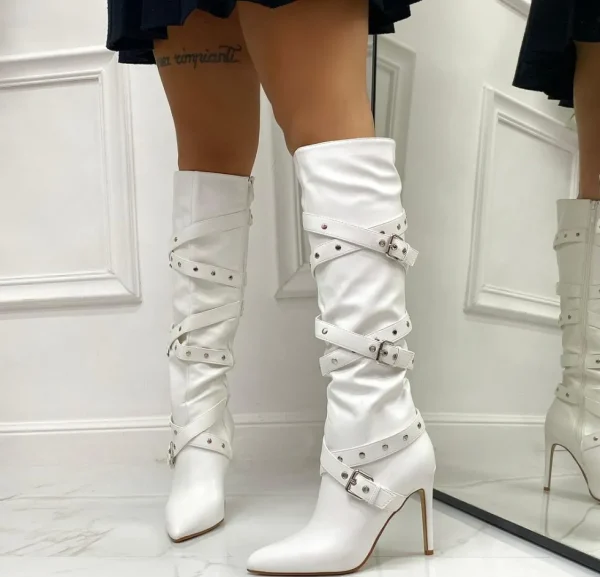 Primi Tacchi Vittoria - Stivale Donna Scarpa Punta Tacco Spillo Fibbie Bianco Outlet