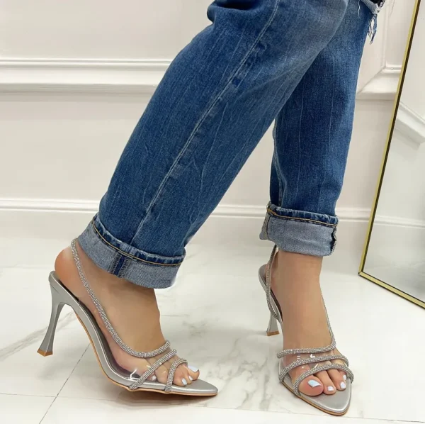 Primi Tacchi Whitney - Sandalo Donna Punta Tacco Spillo Elegante Trasparente Strass Best