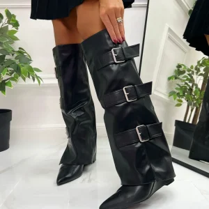 Primi Tacchi Yvonne - Stivali Donna Alto Scarpa Punta Zeppa Fibbie Nero Discount
