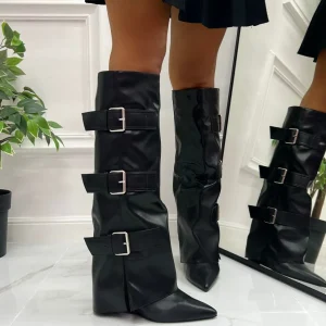 Primi Tacchi Yvonne - Stivali Donna Alto Scarpa Punta Zeppa Fibbie Nero Discount