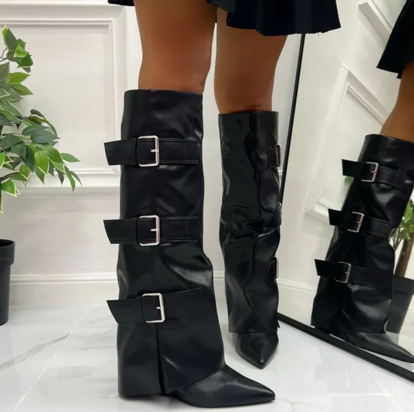 Primi Tacchi Yvonne - Stivali Donna Alto Scarpa Punta Zeppa Fibbie Nero Discount