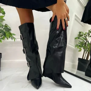Primi Tacchi Yvonne - Stivali Donna Alto Scarpa Punta Zeppa Fibbie Nero Discount