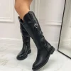 Primi Tacchi Zelda - Stivale Donna Alto Punta Tonda Fibbia Nero Clearance