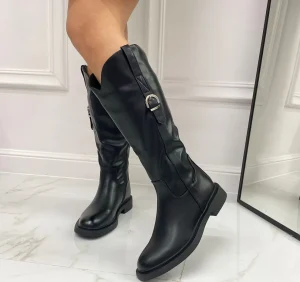 Primi Tacchi Zelda - Stivale Donna Alto Punta Tonda Fibbia Nero Clearance