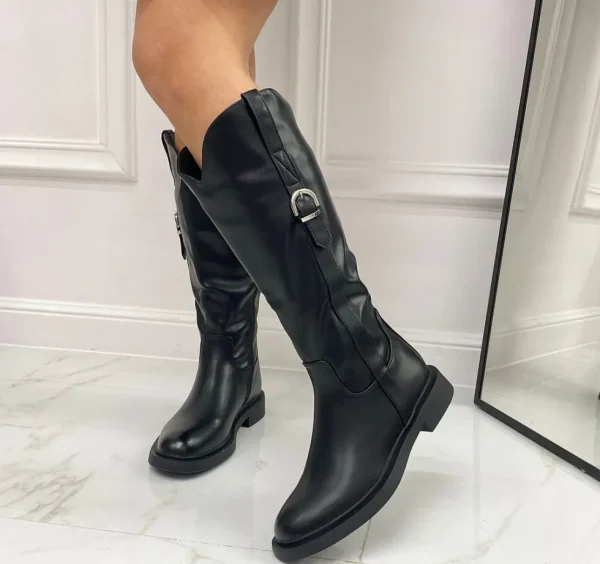 Primi Tacchi Zelda - Stivale Donna Alto Punta Tonda Fibbia Nero Clearance