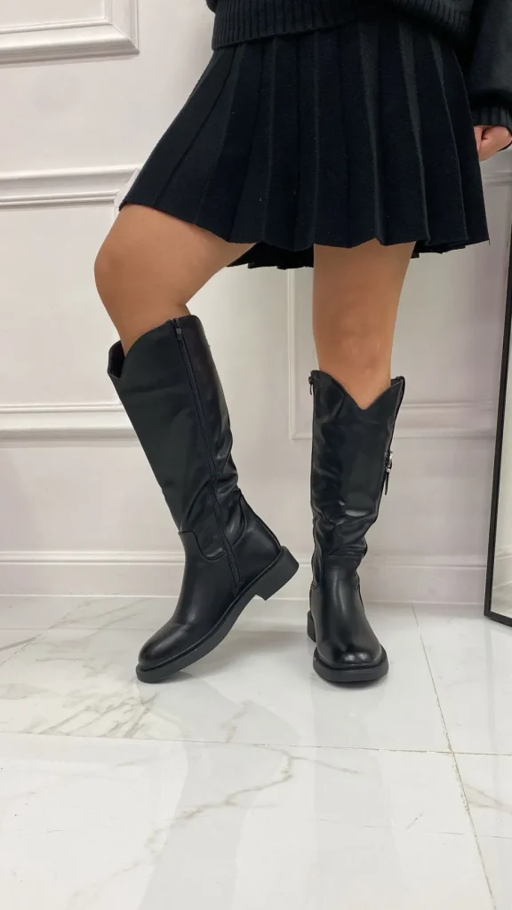 Primi Tacchi Zelda - Stivale Donna Alto Punta Tonda Fibbia Nero Clearance