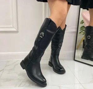 Primi Tacchi Zelda - Stivale Donna Alto Punta Tonda Fibbia Nero Clearance