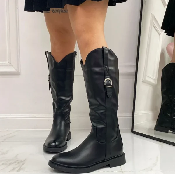 Primi Tacchi Zelda - Stivale Donna Alto Punta Tonda Fibbia Nero Clearance